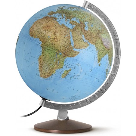 Globe Terrestre De 25 Cm De Diamètre - TERRA LIGHT - Eclairage Intégré - Base En Métal Chromé - Axe Mobile - Bleu Foncé Doré - TROIKA Original